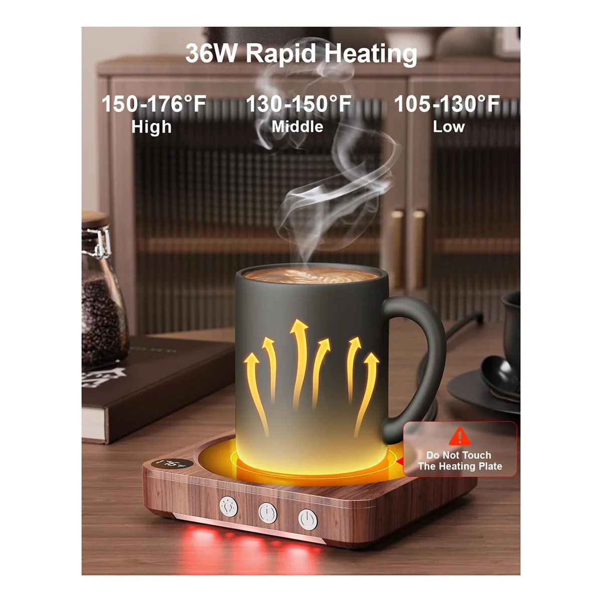 

Mug Warmer- 36W for Desk with Temperature Display, 2-12Hrs Auto Shut Off, Candle Warmer Wood US Plug