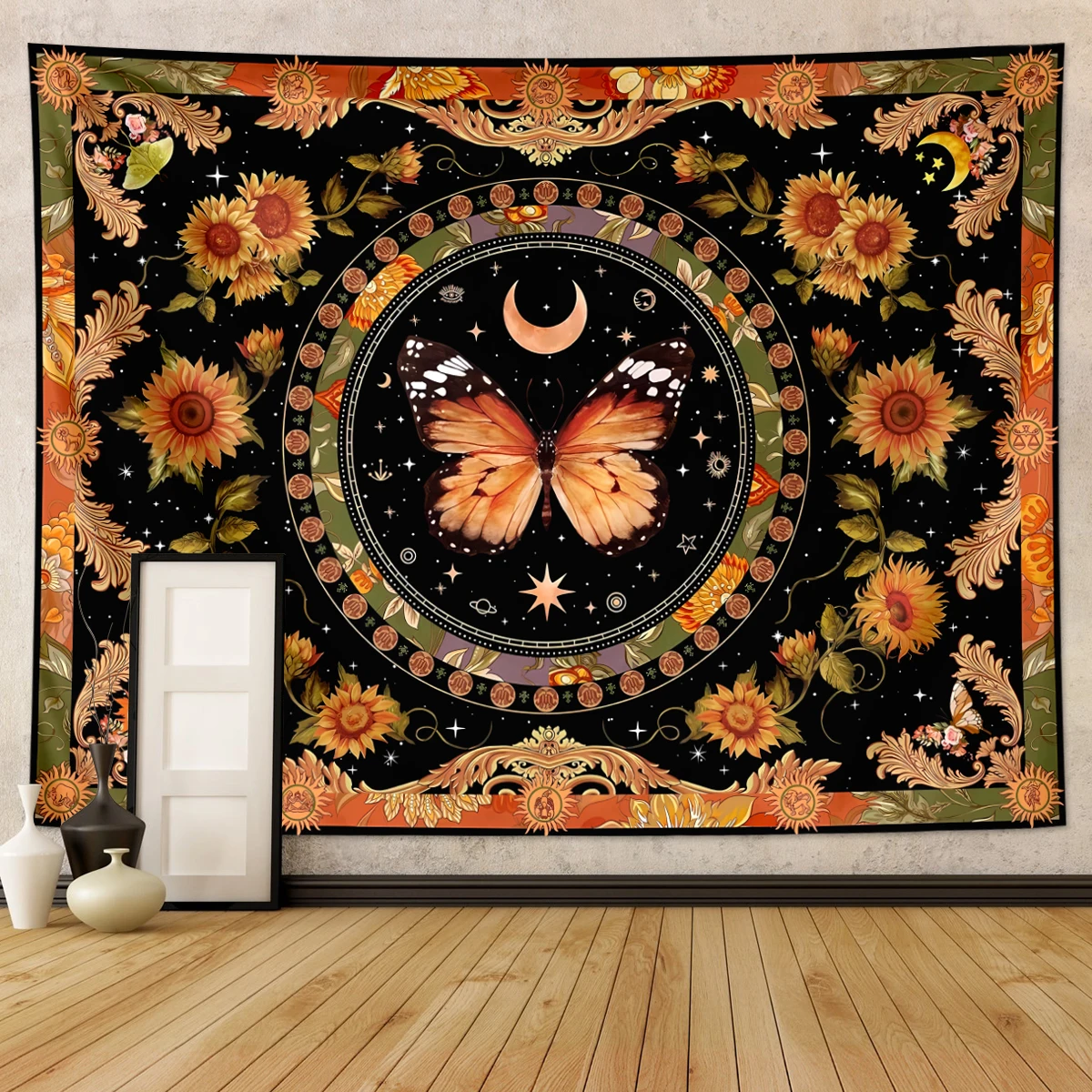 Butterfly Tapestry Vintage Tapestry, Bohemian Floral Tapestry, Moon Phase Sun Fantasy Sunflower Butterfly Moth Tapestry