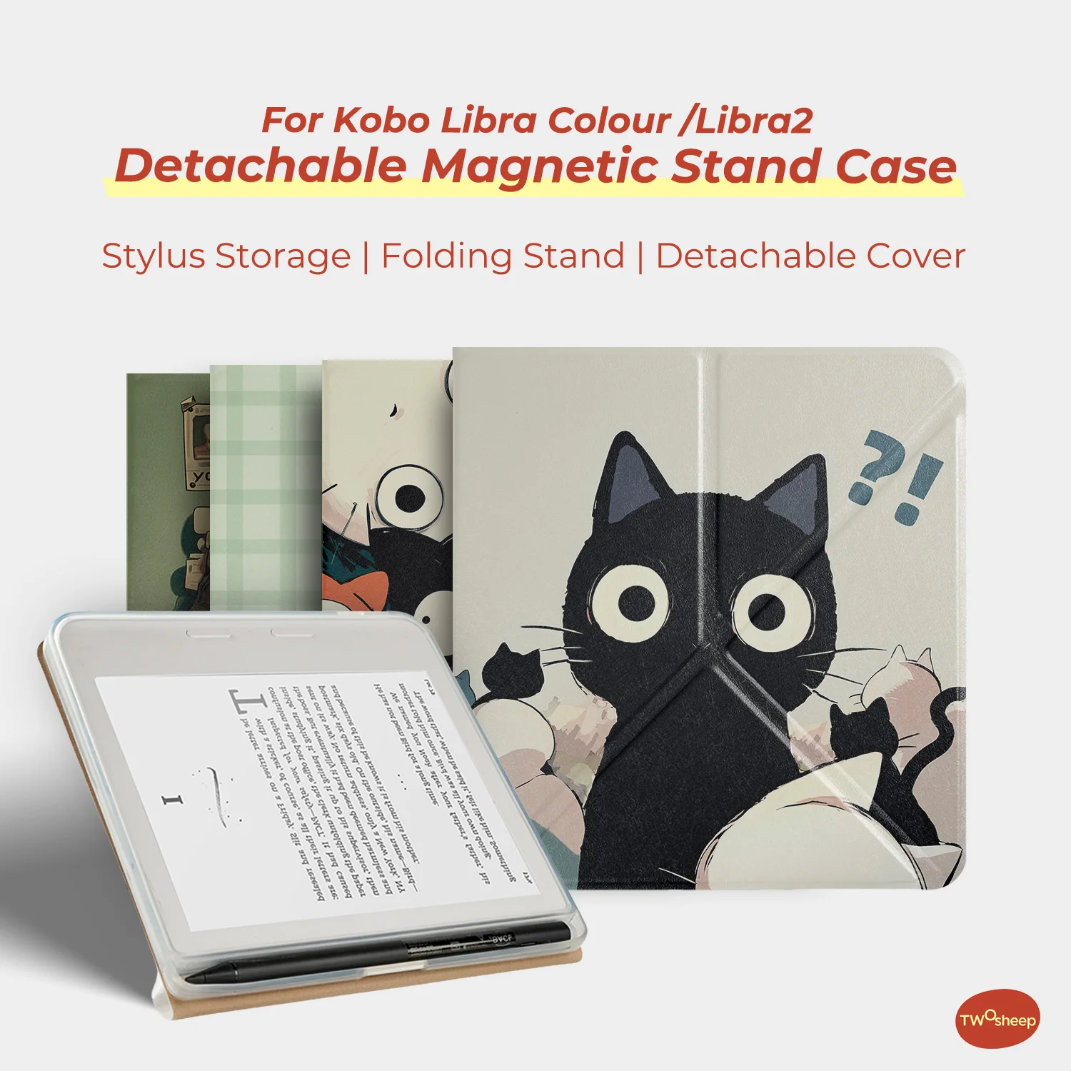 Twosheep Cute Illustration Magnetic Detachable Case suit for Kobo Libra Colour, Kobo Libra2 Pen Holder Acrylic Stand Clear Cover
