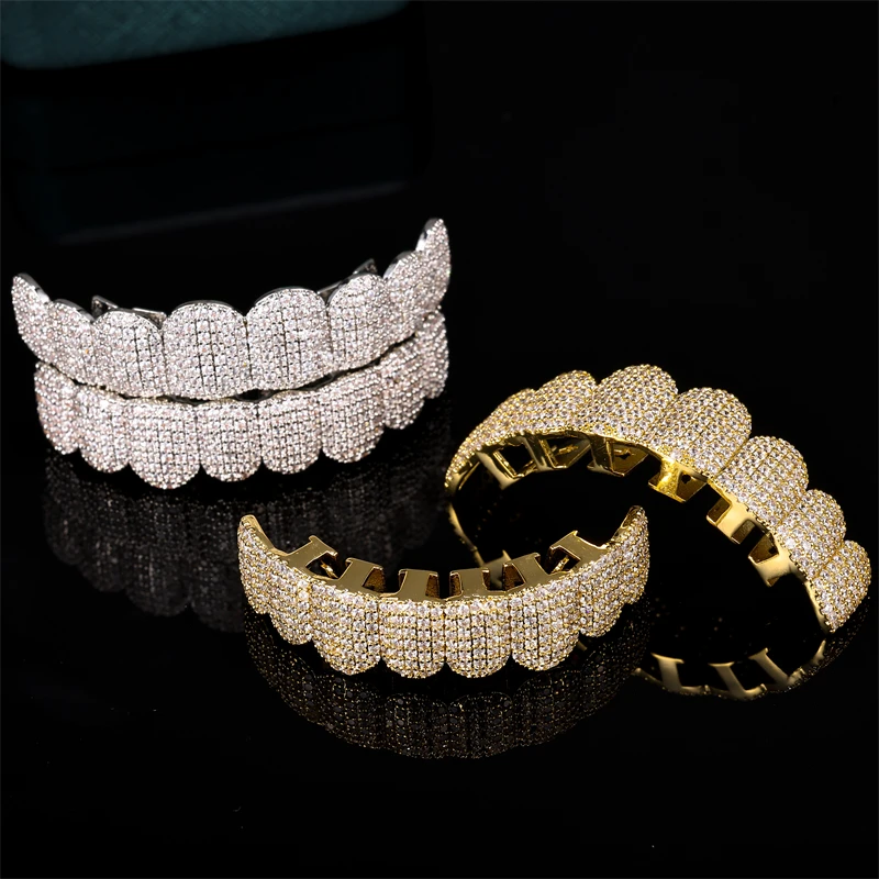 D&Z Bling Cubic Zircon Teeth Grillz Set For Unisex Top Bottom Mouth Removable Dental Gold Silver Color Fashion Jewelry