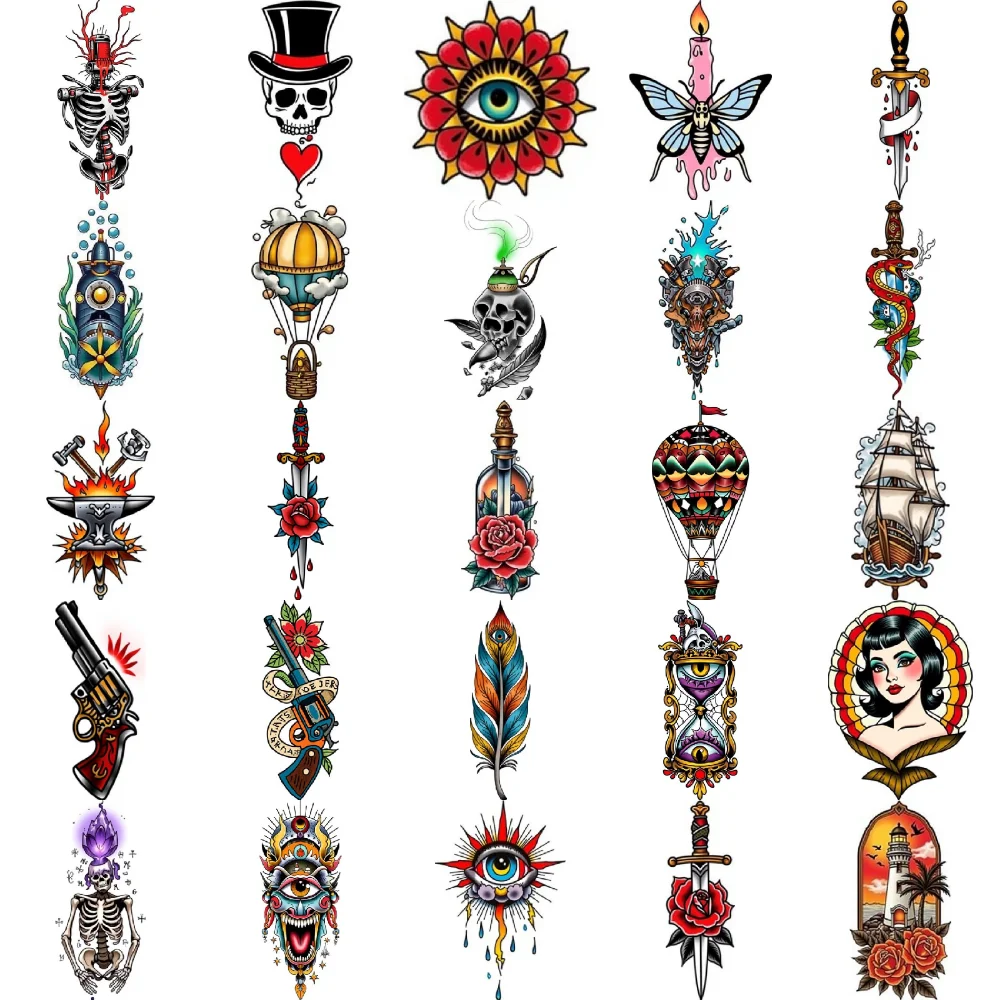 28 قطعة وشم مؤقت للمدرسة الجديدة الساعة الرملية التقليدية مع عيون منطاد الهواء الساخن فراشة وشمعة للنساء البالغات