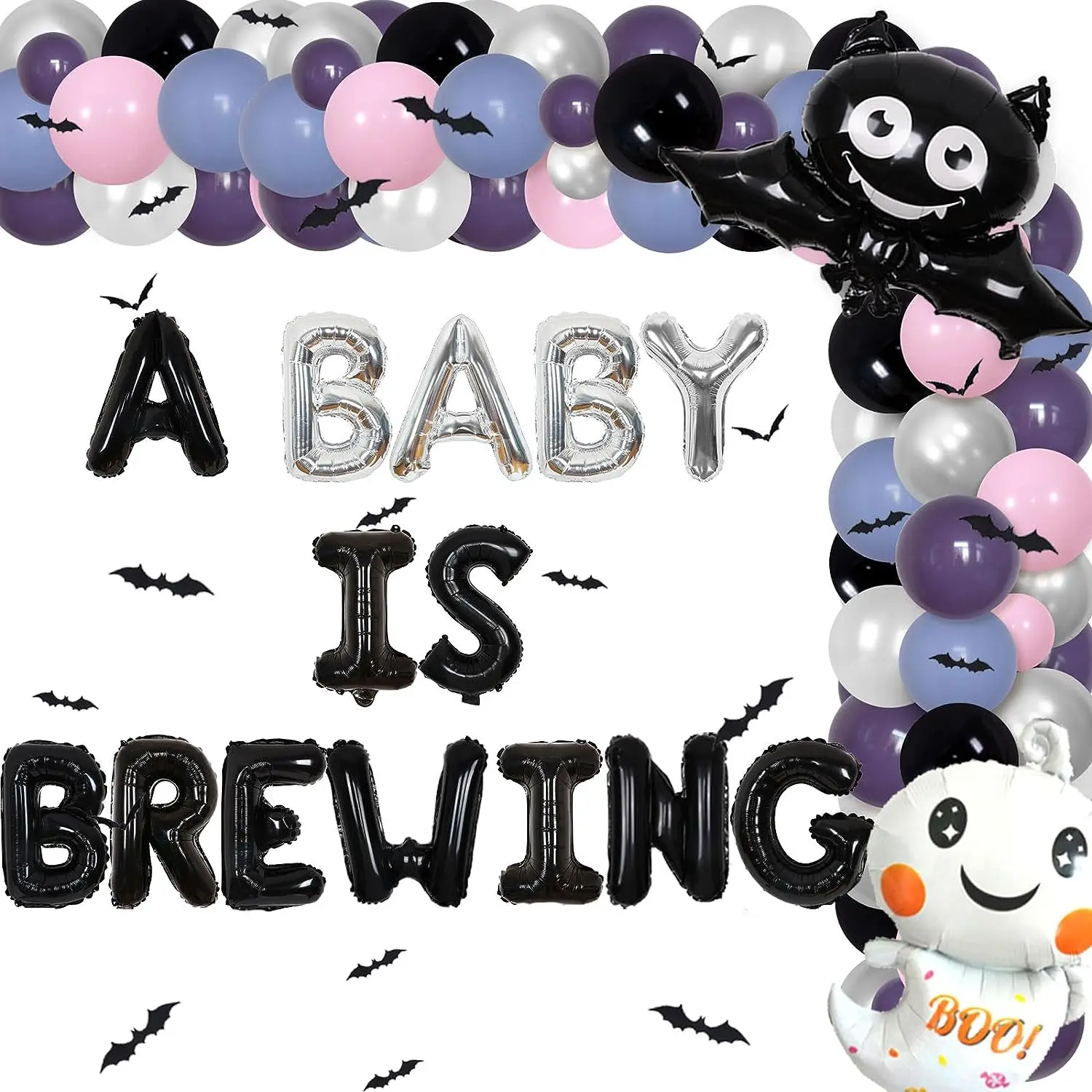 

JOYMEMO Halloween Baby Shower Decorations Girls Pink and Purple Balloon Kit A Baby Is Brewing Banner for Pregnancy Celebration