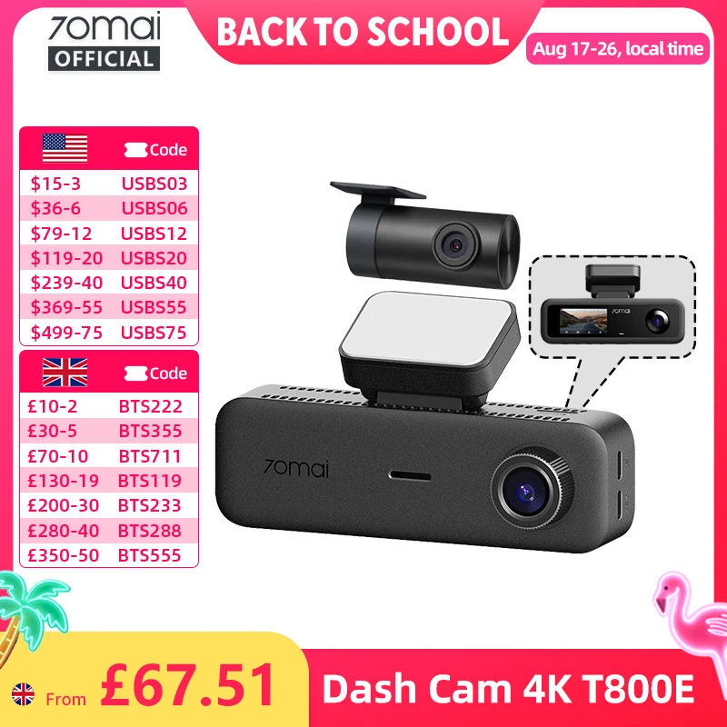 70mai T800E 3-Channel Dash Cam: Front 4K, Rear 1080P, Interior 1080P, HDR, Supercapacitor, 24H Parking, GPS, Voice Control, Wi-Fi 6 product photo