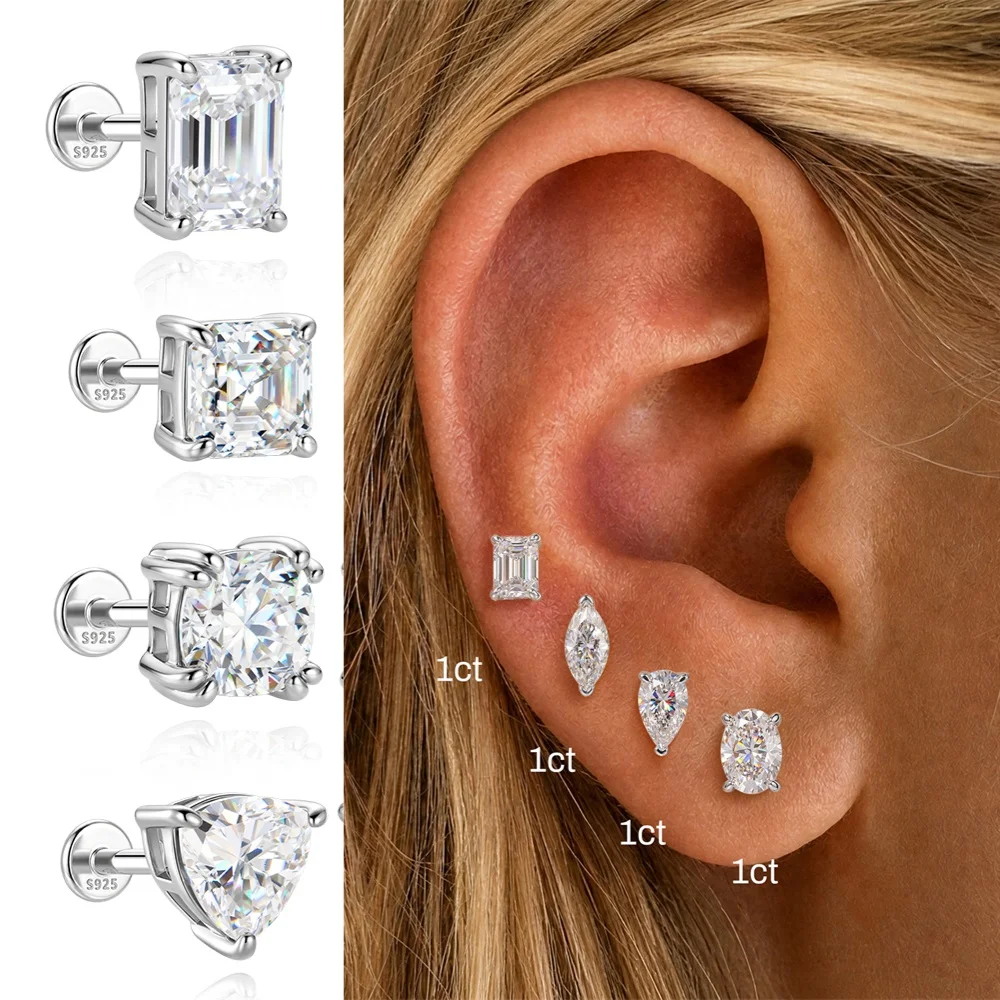 AIDE 925 Sterling Silver Classic Moissanite Flat Back Piercing Earring for Women 1 Carat Geometric Shape Wedding Bridal Jewelry view 2
