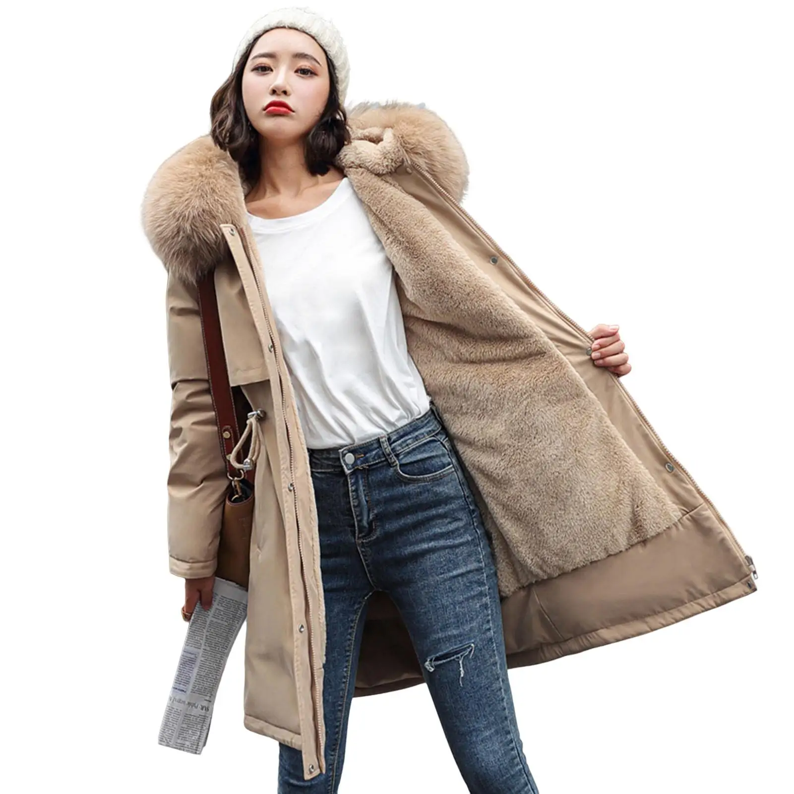 

L-5xl Fleece Lined Hood Down Jacket Winter Coat for Women Warm Padded Parkas Korean Casual Streetwear Female Puffer Outwear