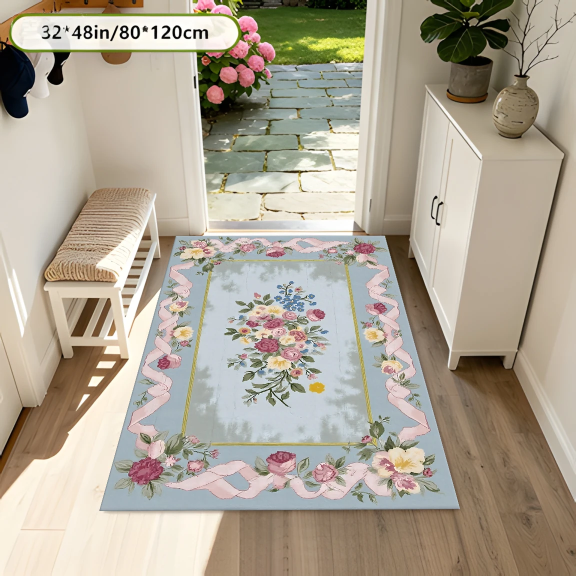 2D Large Rug with Ribbon Border and Bouquet Pattern, French Country Style, Suitable for Living Room and Bedroom, One-Click Autumn and Winter Decoration Refresh