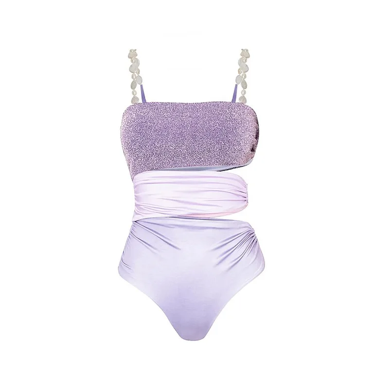 Liliowy miękki Focus Color Block Bikini damskie klimat ośrodek jednoczęściowy strój kąpielowy francuski elegancka seksowna sukienka długa spódnica