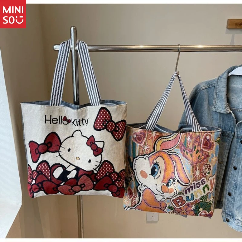 Miniso Embroidered Tote Bag, Large Student Commuter, Knit Shoulder Purse