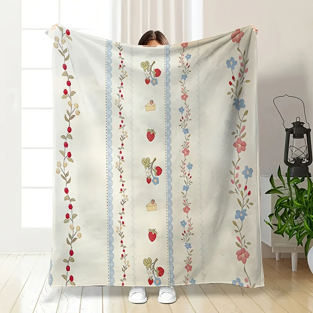 Adorable Floral Strawberry Cottagecore Flannel Throw Blanket Polyester Soft Winter Couch Decor Gift for Sofa Bed Living Room