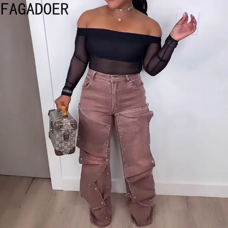 FAGADOER High-quality Fashion Wine Red Straight Leg Denim Pants Women High Waist Irregular Patchwork Jeans Female Bottoms New