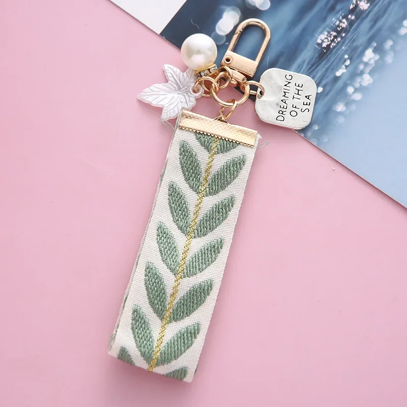 New Small Fresh Webbing Alloy Keychain Pendant Creative Striped Cloth with Pearl Love Accessories Bag Decoration