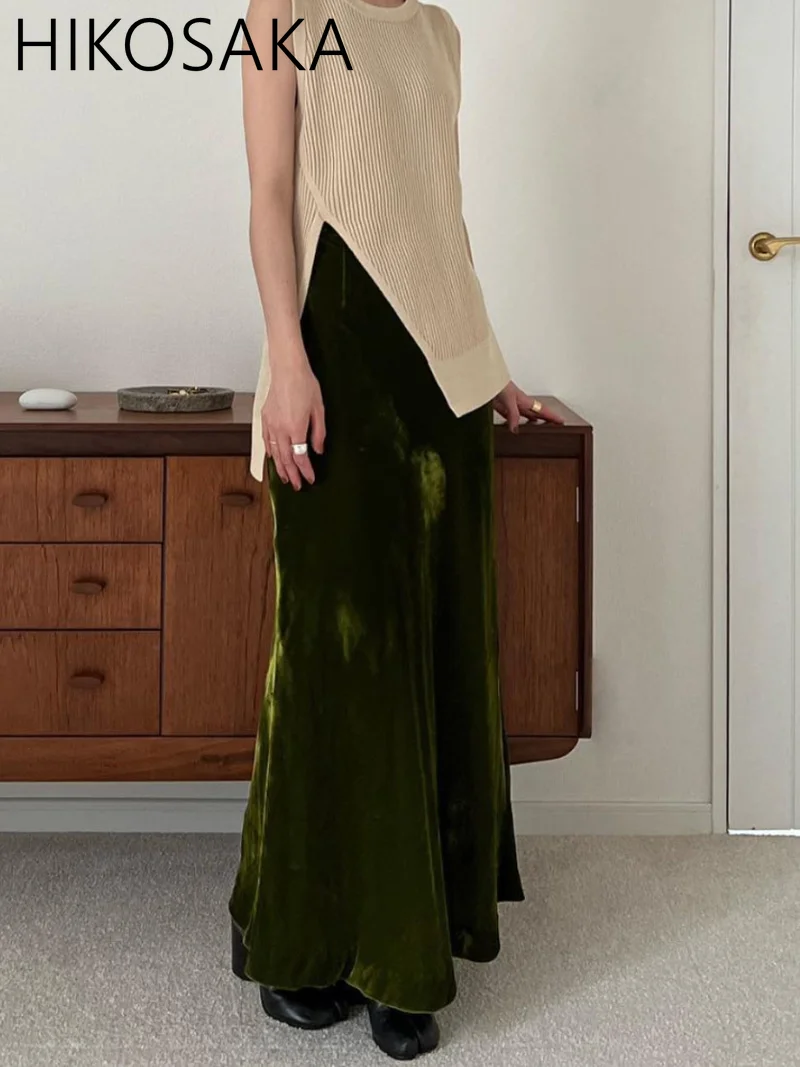 

Vintage Fashion Elegant Velvet Skirts Women High Waist Slim Long Skirt 2024 Autumn New Japan Style Solid All-match Mujer Faldas