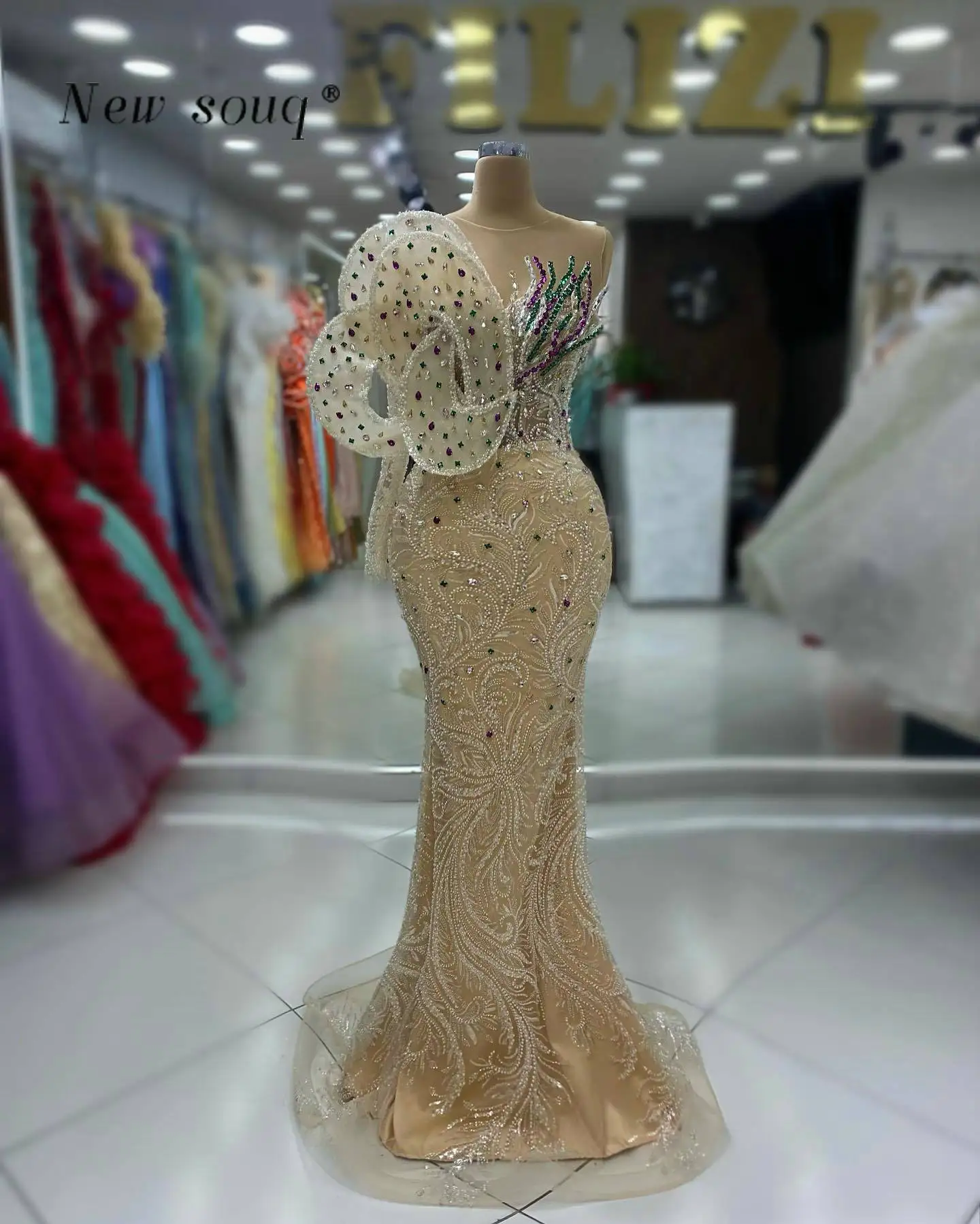 Fashion Chic Design Champagne Long Mermaid Evening Dresses with Colorful Crystals 2024 One Shoulder Formal Wedding Night Gowns