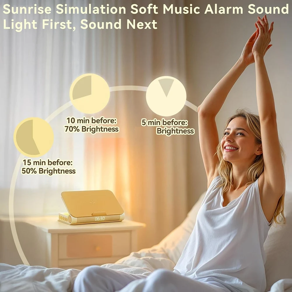 ABMS-Wake-Up Light Book Lamp Sunrise Alarm Clocks 16-Level Volume Loud Wireless Function For Heavy Sleepers Adults Snooze