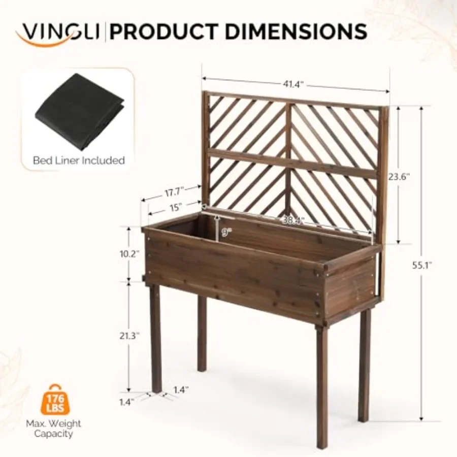 Wooden Raised Garden Bed with Trellis, Elevated Planter Box with Legs and Drainage Holes, Bed Liner Included, for Climbing Plan