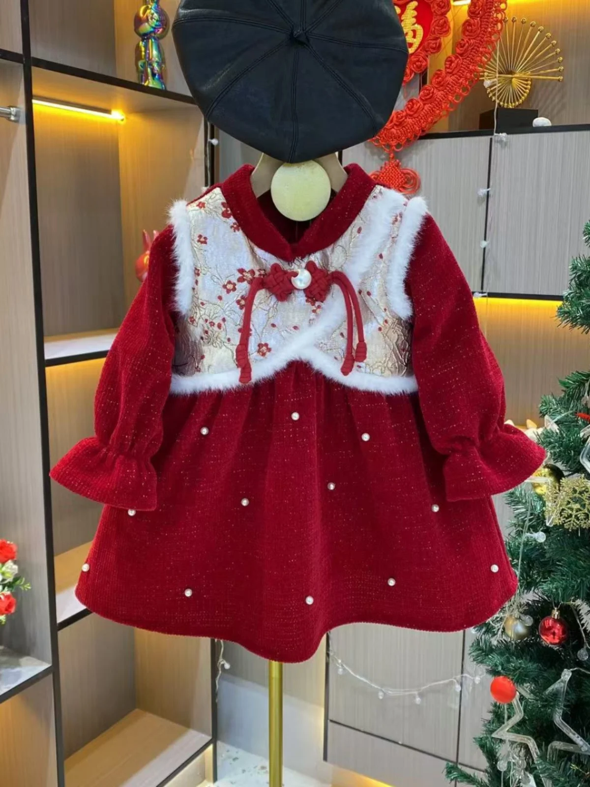 

Красный детский новогодний наряд на подкладке для девочек Dr, традиционная китайская юбка с короткими рукавами для маленьких девочек, зима 2024, Новое поступление