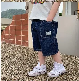 

2023 New Summer School Kids Boys Loose Blue Color Jean Shorts Children's Soft Cotton Sport Denim Shorts For Baby 2-10 Years Old