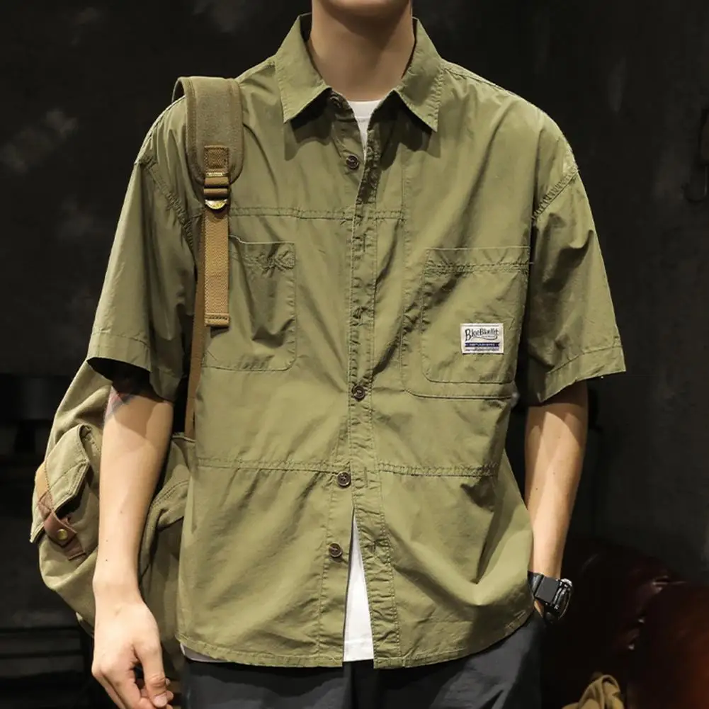 

Solid Color Casual Top Men Men's Spring Cargo Shirt with Turn-down Collar Single-breasted Design Chest Pocket for Streetwear