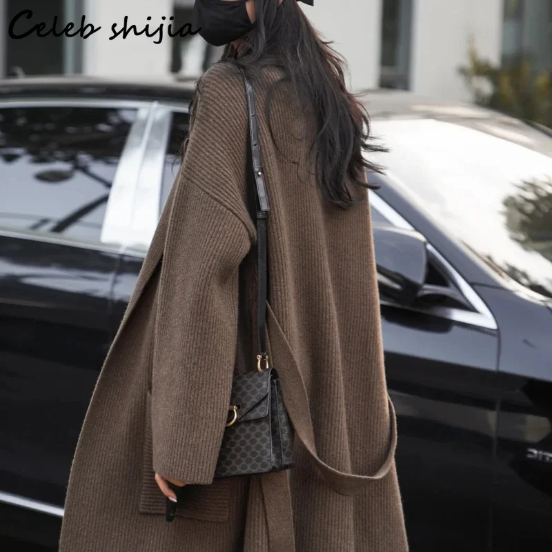 Thicken Loose Knitted Cardigan Women Pocket Winter Streetwear Chic Woolen Long Cardigan Ladies Korean Knitwear Coat Autumn