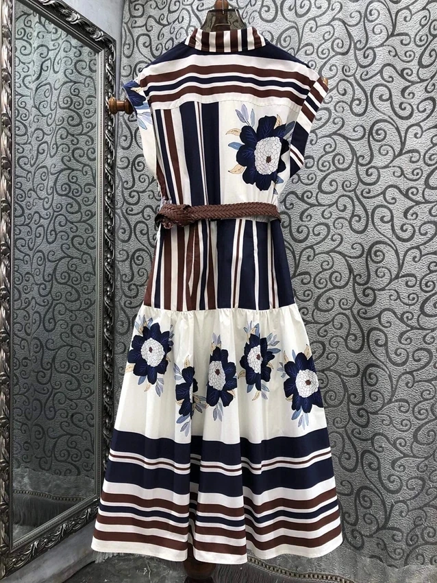 2024 new women's fashion sleeveless shirt collar printed belt slim fit fashion medium length dress