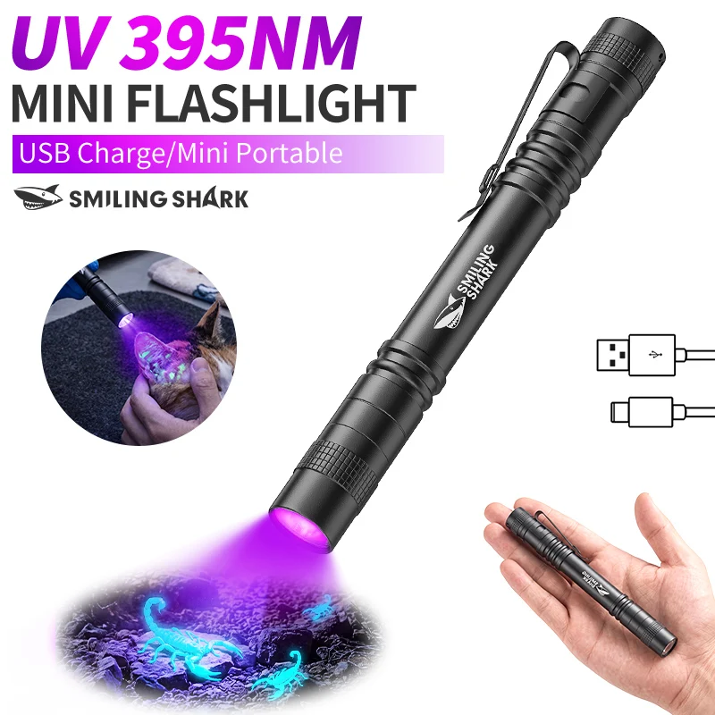 SMILING SHARK Mini Flashlight UV395nm Identification Torch Light with Pen Clip Fluorescent Agent Detection Lamp  SD1210
