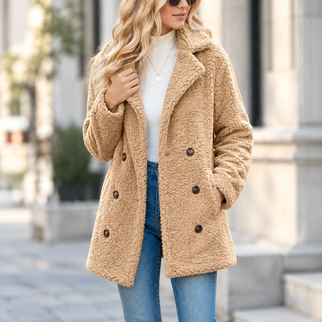 Button Front Stand Collar Coat Regular Fit Casual with Mid Length Commuter Style Commuter Chic Long Sleeve Thick Women Jacket
