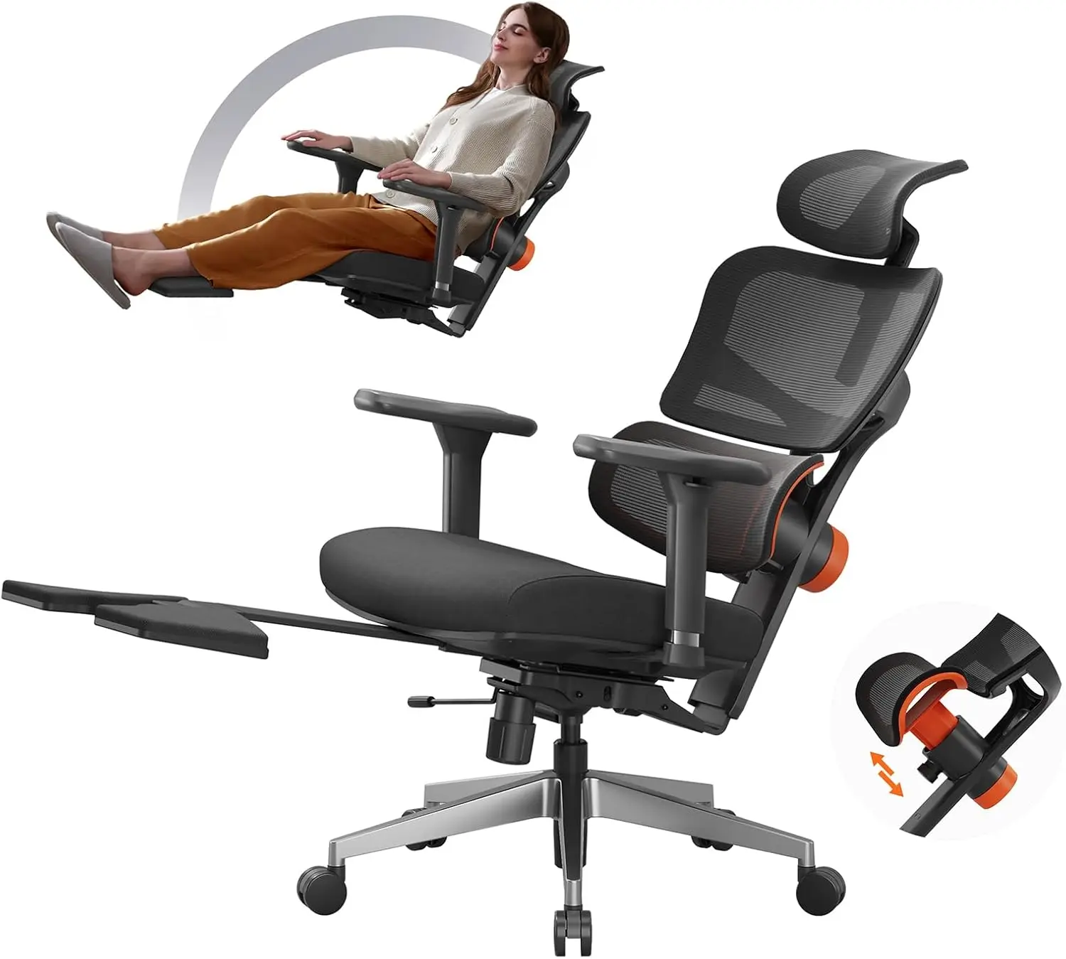 Office Chair with Footrest- High Back Desk Chair with Unique Adjustable Lumbar Support, Seat Depth Adjustment,