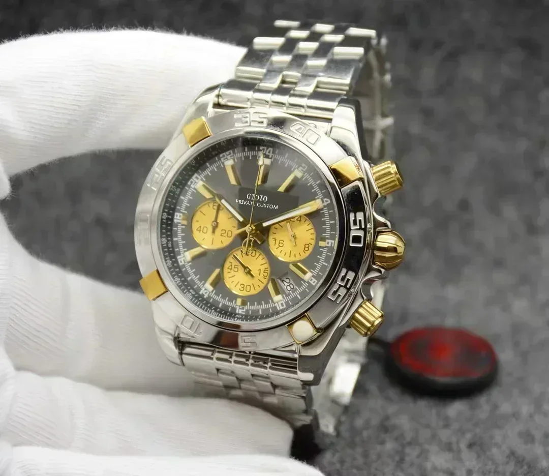 Luxury Mens Quartz Chronograph Watch Black Blue Stainless Steel Luminous Sapphire Gold Silver