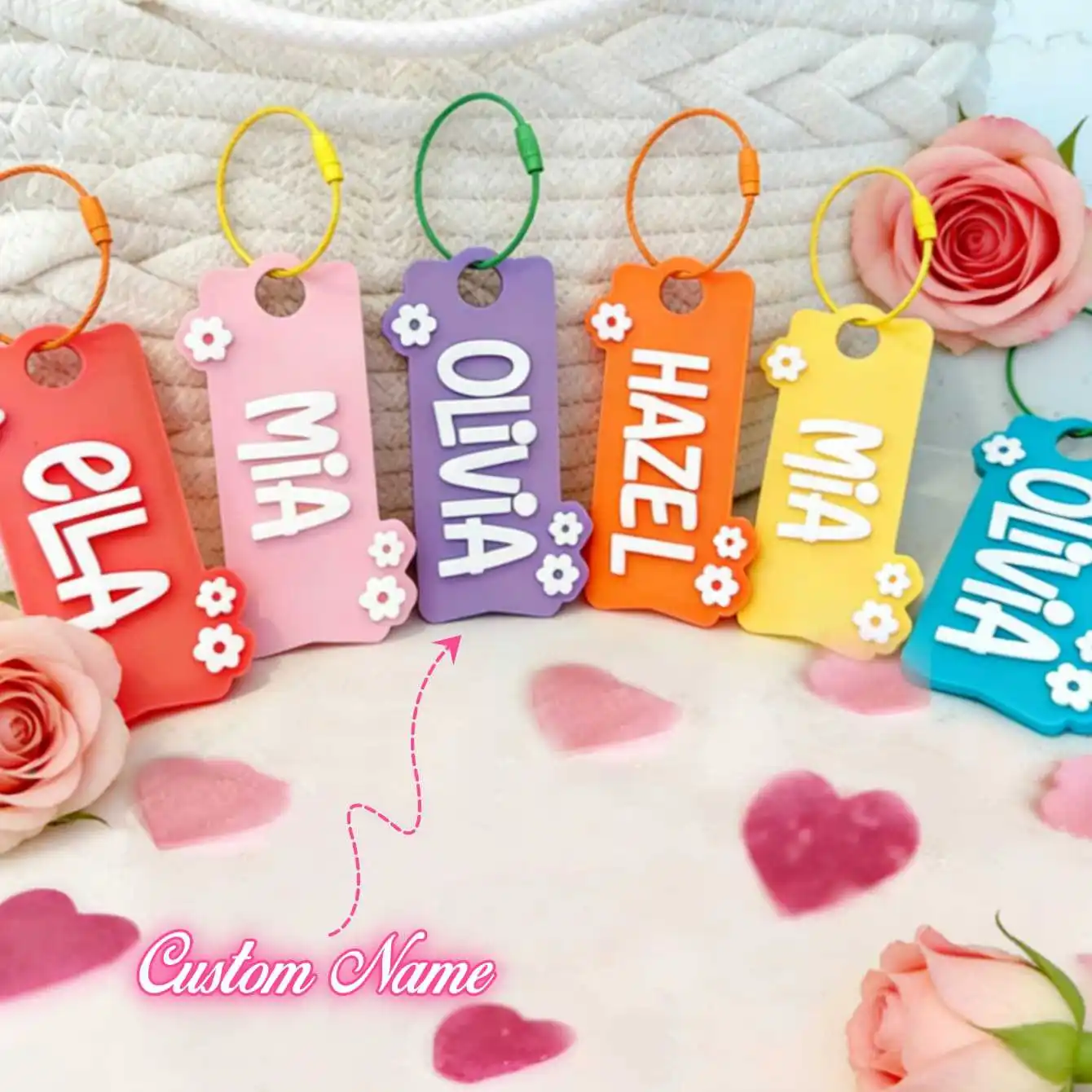 Porte-clés personnalisé en acrylique avec nom, décor floral coloré, étiquette 3D, breloque pour bagage, porte-clés