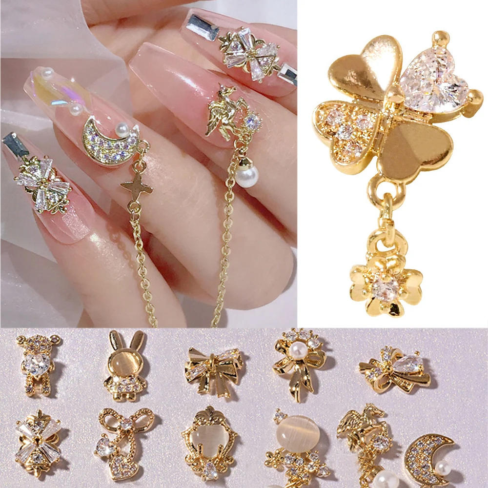 DIY Bow Manicure Tools Metal Zircon Bear Opal Nail Art Decorations Crystal Pendant Chain Nail Rhinestones Biżuteria artystyczna do paznokci