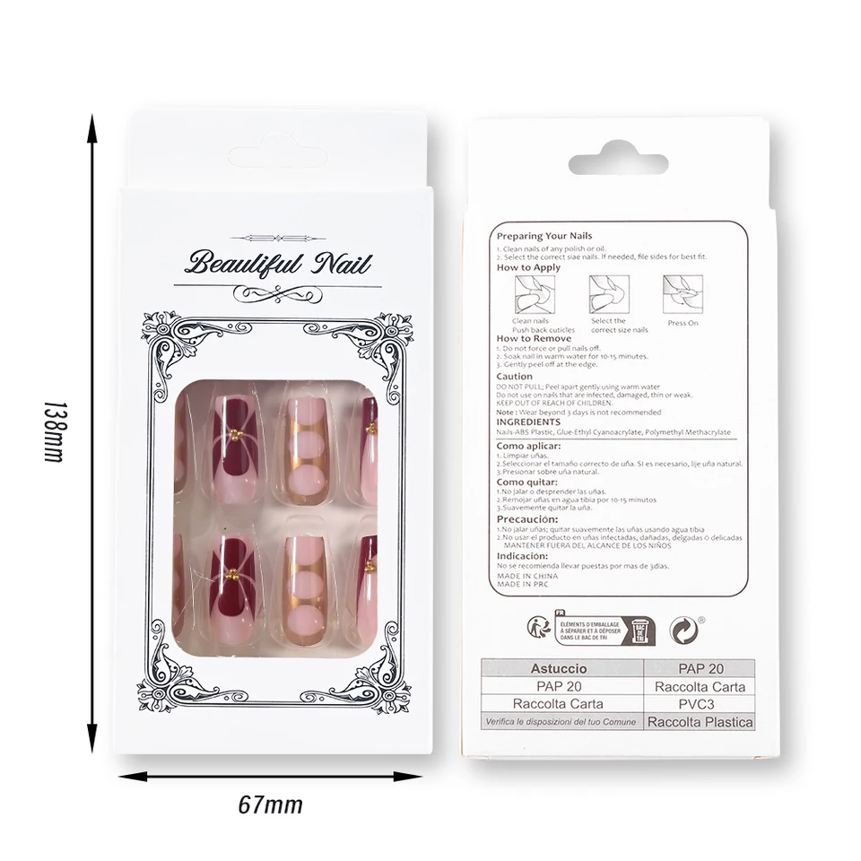 Set de 24 uñas postizas francesas largas con diseño floral retro, cuentas de caviar, dorado y calado, estilo Y2K 6