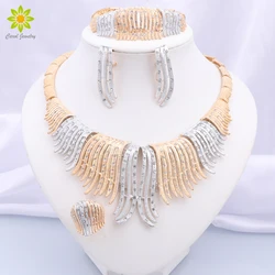  Fashion Gold Color Jewelry Sets African Beads Costume Rhinestone Necklace Earrings Bracelet RingSet Wedding Accessories