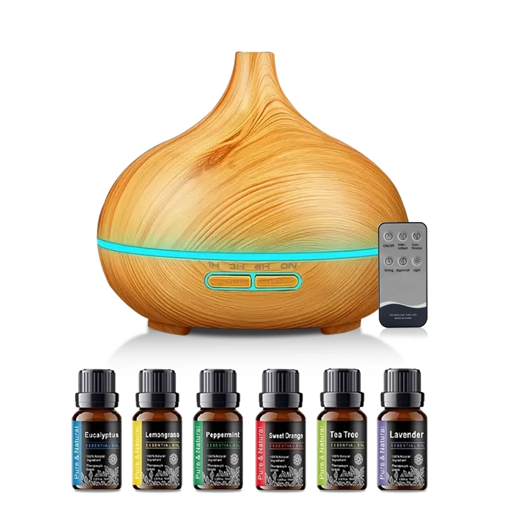 

550ml Aromatherapy Essential Oil Diffuser Wood Grain Remote Control Ultrasonic Air Humidifier Cool 7 Color LED Light With 6 Oils
