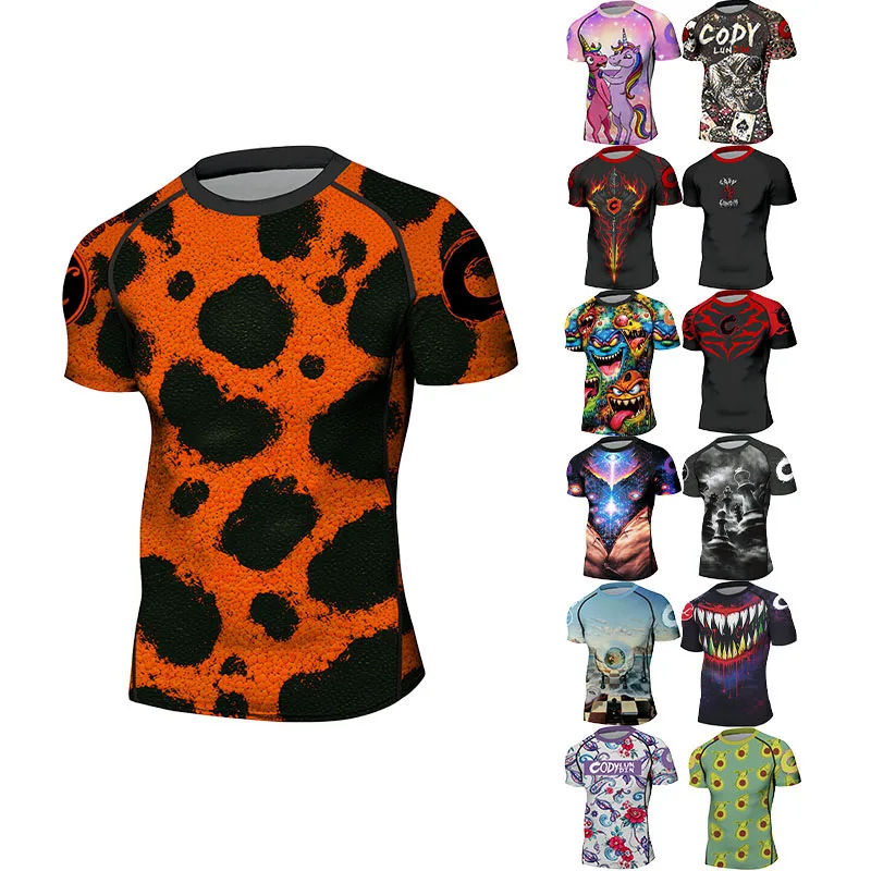 Unique Bold Graphic Rash Guard Men Skin‑Tight Short Sleeve Compression Tee Slim Fit BJJ MMA Grappling Training Sports Shirt