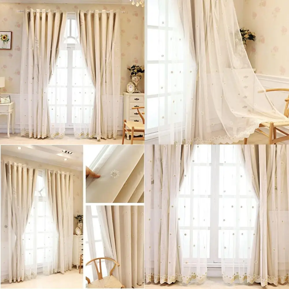 Tenda oscurante a doppio strato, pannello mantovana con drappo solido a strati ricamato bianco voile scuro, energia della camera da letto della ragazza del soggiorno