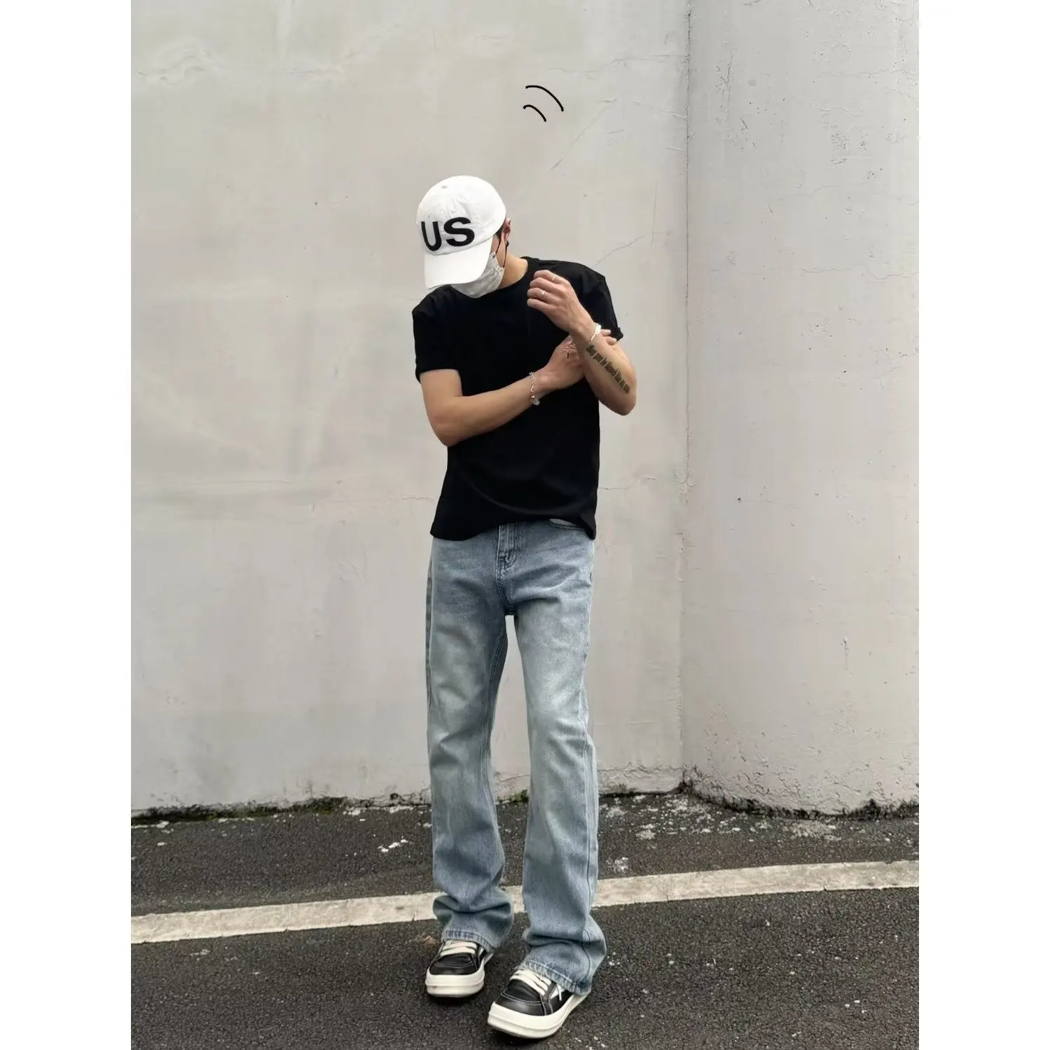 

Голубые высокоэластичные расклешенные джинсы в американском базовом стиле, универсальные повседневные длинные брюки с драпировкой для мужчин