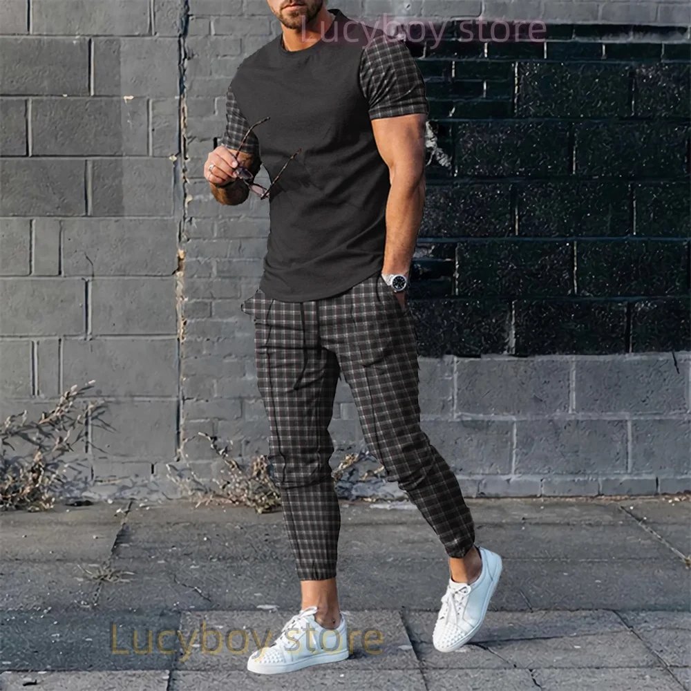 Luxury Men Tshirt Suit Tracksuit 3D Printed Sportswear Short Sleeve T-shirt Long Pants Streetwear 2 Piece Set for Male Clothes