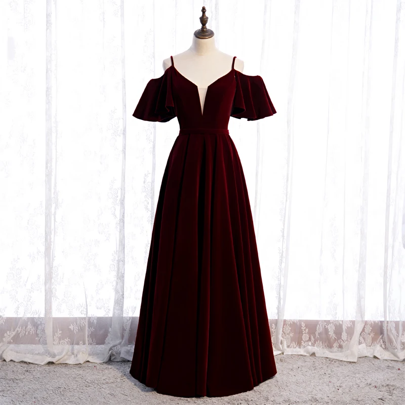 Evening Dress Wine Red Velvet Spaghetti Strap Ruffles Short Sleeves Lace up A-Line Floor-Length Party Formal Gown Woman B1208