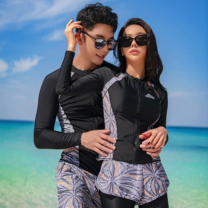 Rash Guards Men Women 3/5 Pcs Long Sleeve Shirt Shorts Print Couples Swimwear Surfing Bathing Suits Rashguard Wetsuits Hotsale