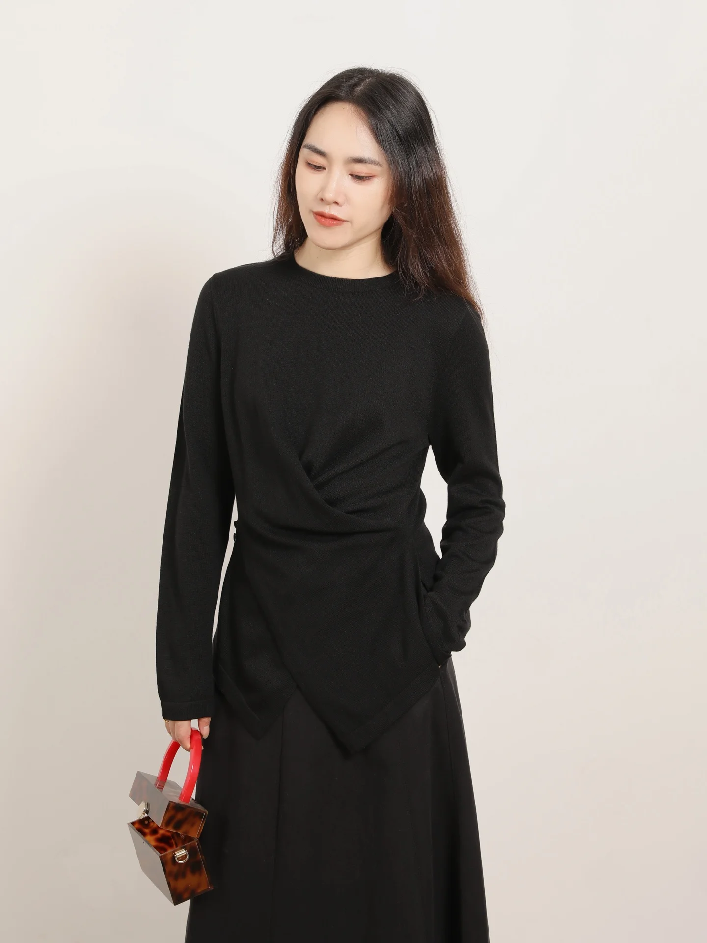 

Bla Woolen Knitted Top Women's Slim Fit Base Layer irt Irregular Waist-Cinching High-End Feel Commute Sle Korean Version