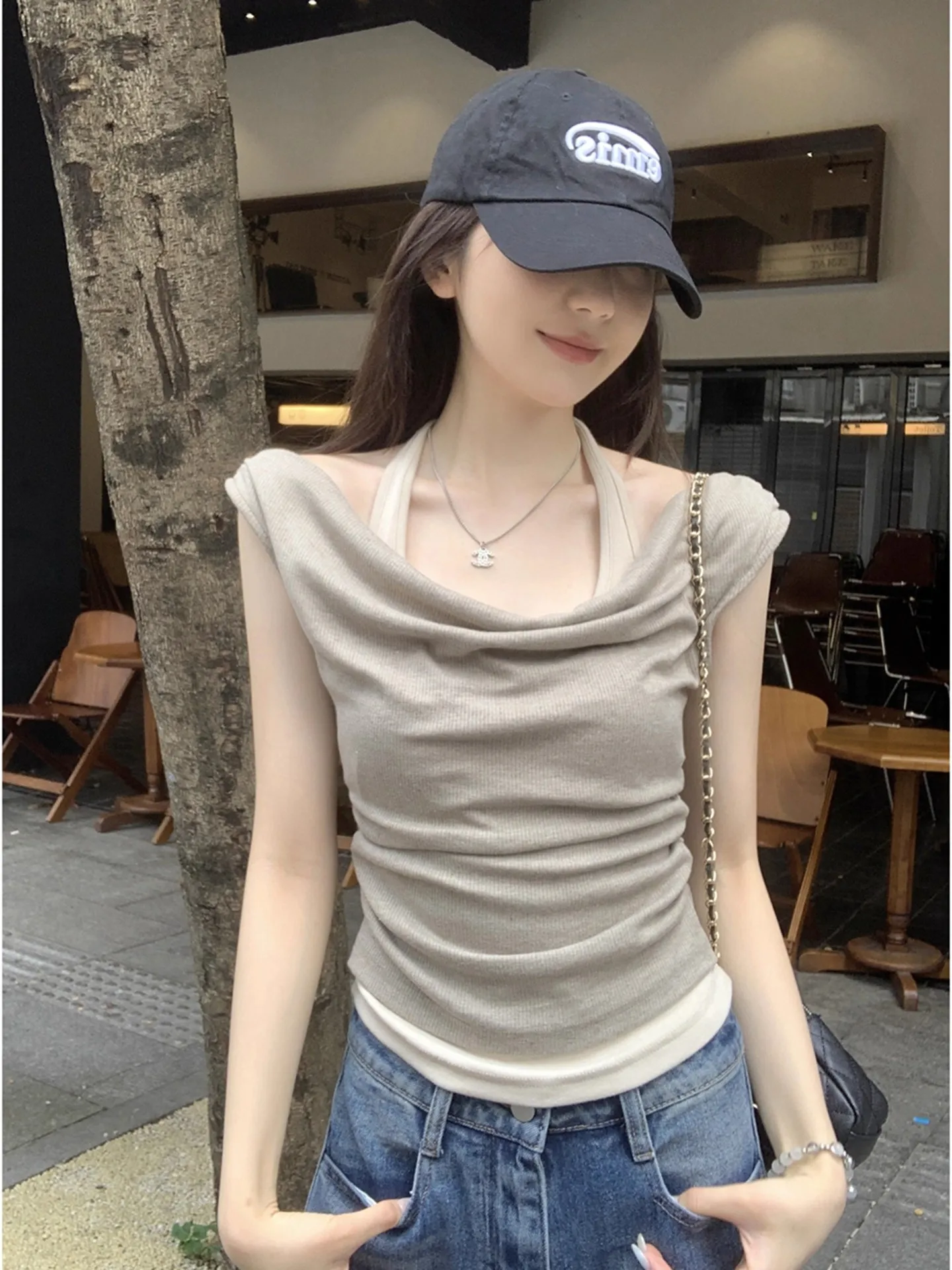 

Ретро-футболка в американском стиле с коротким рукавом, женская летняя приталенная укороченная модель, имитация двухслойности, топ с открытыми плечами, дышащая повседневная одежда