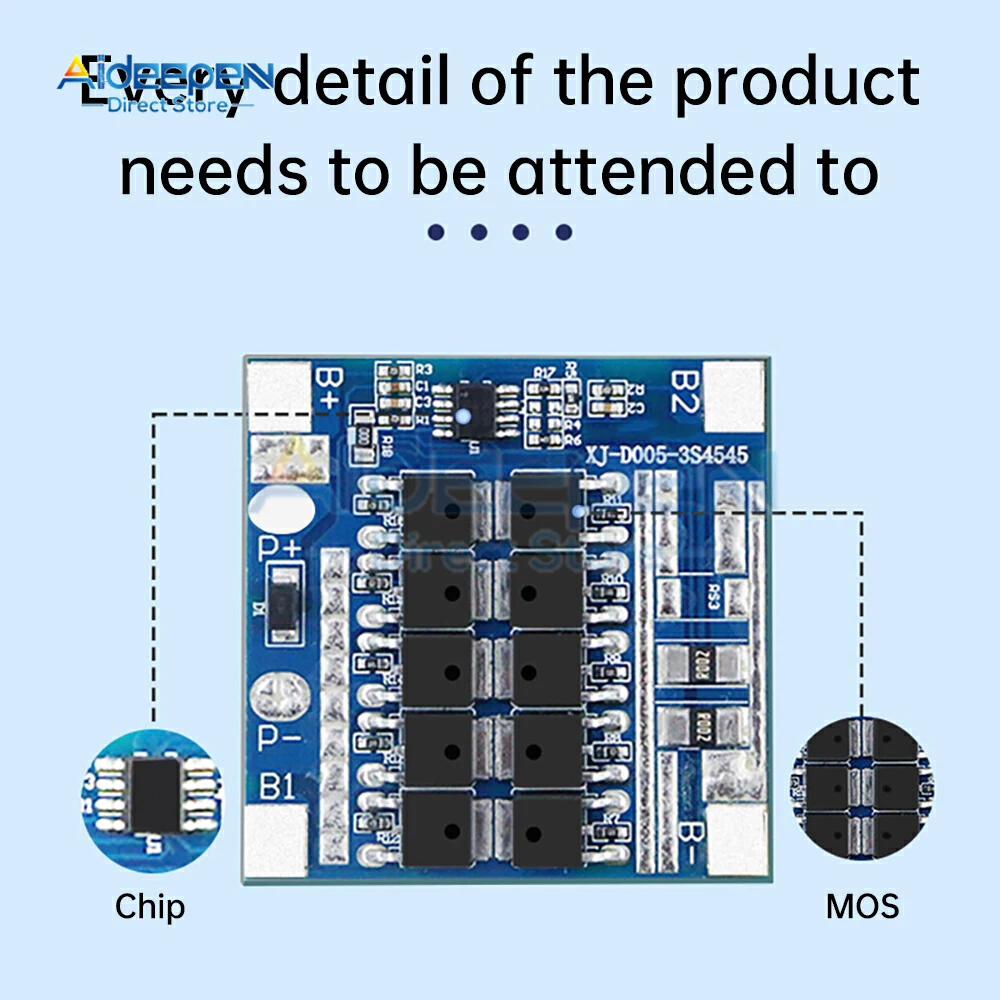 3S 12V 25A نفس المنفذ بطارية ليثيوم ثلاثية Bms 10MOS حماية ثلاثية (الشحن الزائد/التفريغ الزائد/التيار الزائد) للأدوات الكهربائية