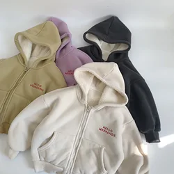 Baby Girls boys Velvet Coat Kids Letter Outerwear Hooded Windbreaker Toddler Pocket Jacket 2024 Autumn Winter Children Clothing