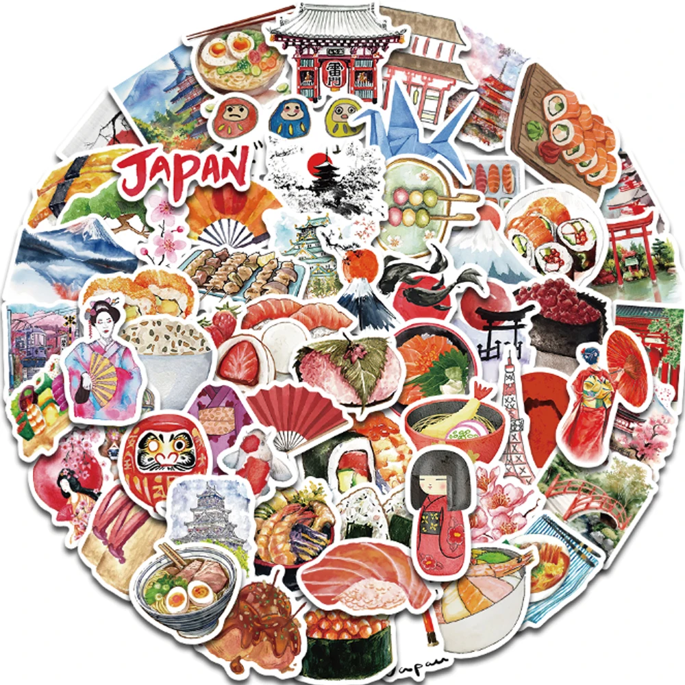 64PCS Beautiful Watercolor Japanese Travel Stickers Scrapbooking Collage Material Phone Cases Luggage Waterproof Decorative