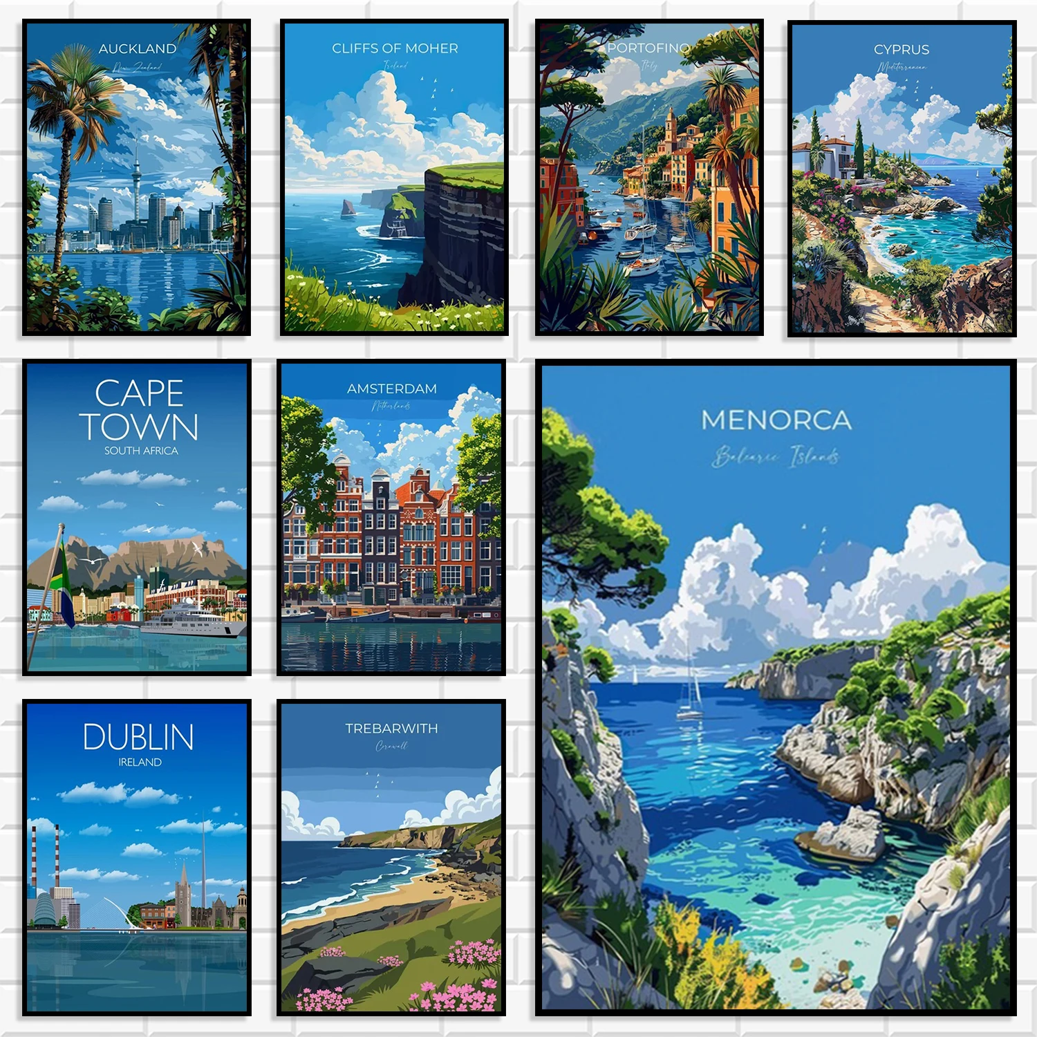 Vintage Tropical Coastal City Travel Canvas Wall Art Set Illustrated Europe Global Seaside Town Landscape Poster for Home Decor