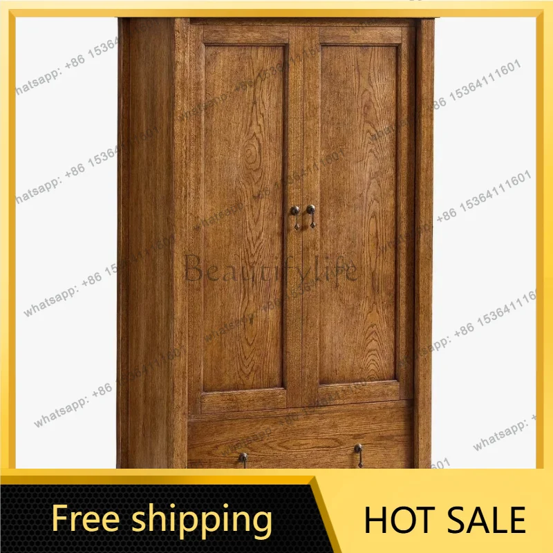 ZJ. American Country Solid Wood Vintage Distressed Double-Door Wardrobe French Storage Cabinet