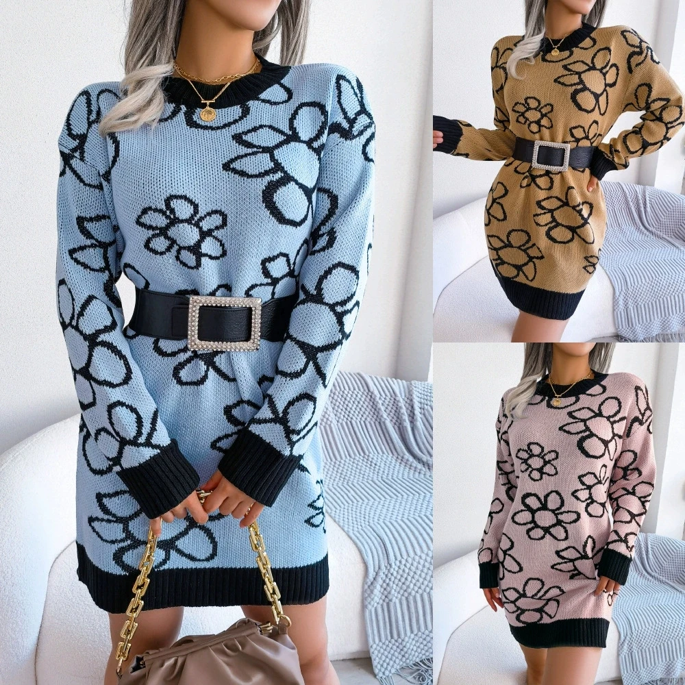 

long sleeved base knitted woolen dress Autumn and winter European and American color collision elegant and fashionable flower