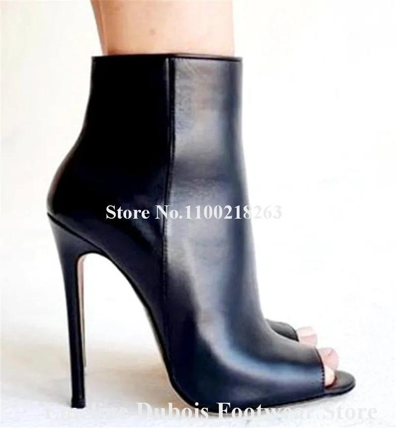 Black Matte Leather Short Boots Emeline Dubois Peep Toe Stiletto Heel Classical Style Ankle Booties Formal Dress Heels Big Size