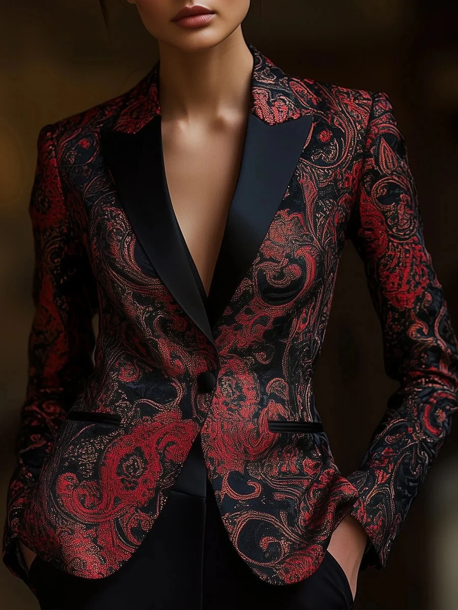 

Vintage Floral Print Jacket for Women Elegant Chic Turndown Collar Slim Fit with Pockets Long Sleeve Blazer Coat