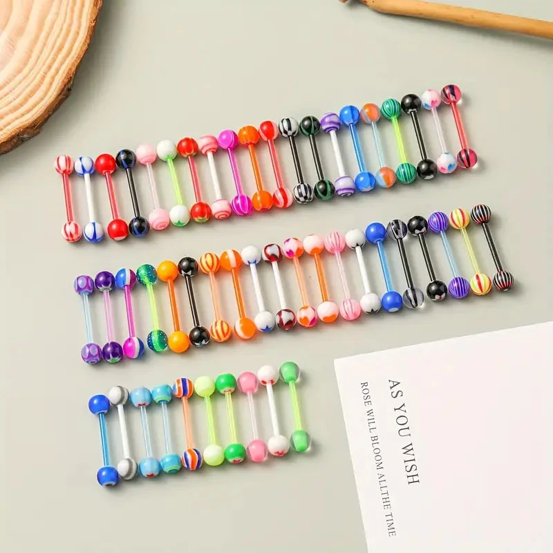 50PCS Assorted Pattern Acrylic Tongue Rings Nipple Ring Retainer 14G Flexible Tongue Piercing Bar Bioflex Nipple Barbell 16mm